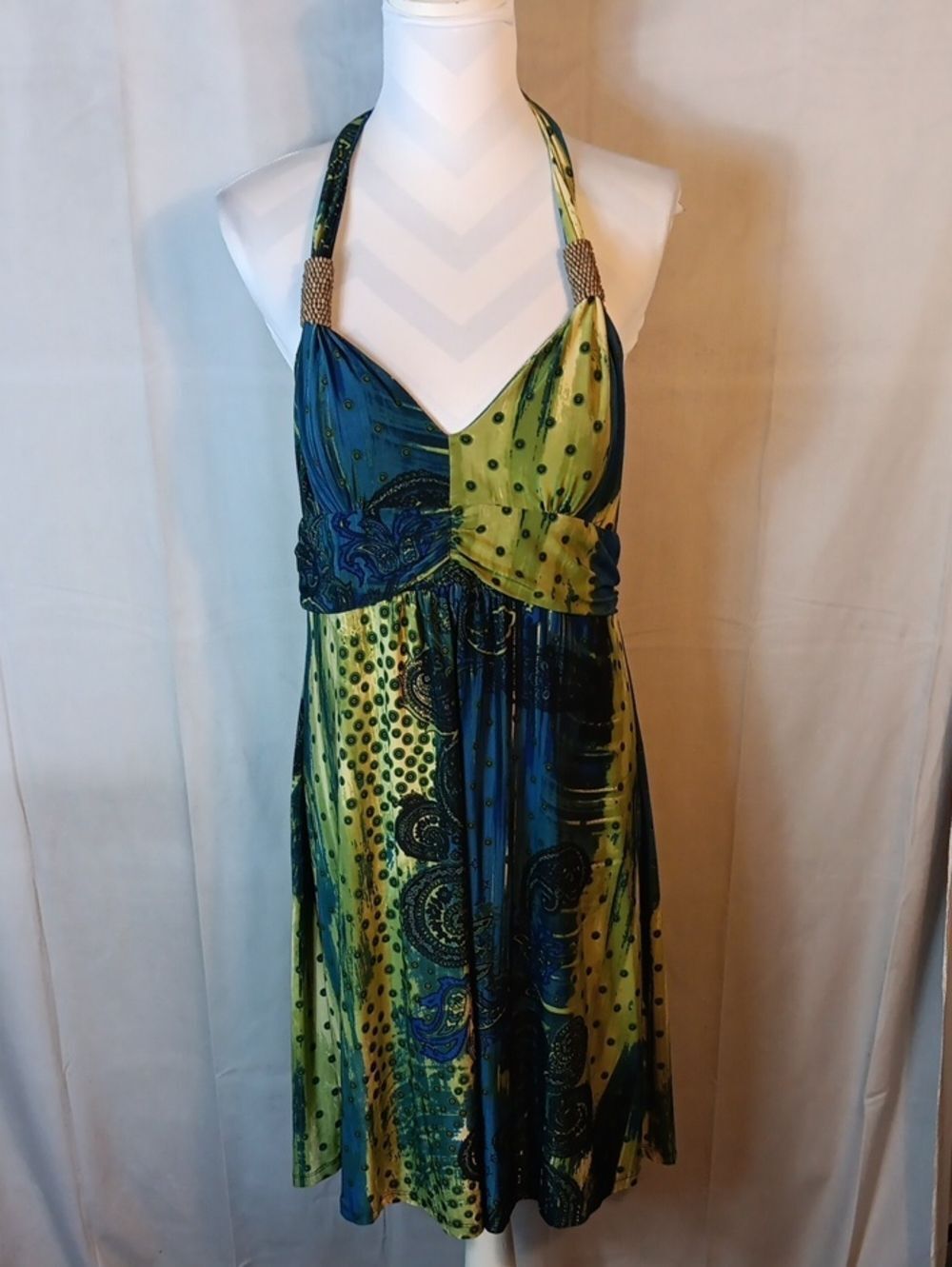 Cristinalove One-Shoulder Blue and Green Patterned Halter Dress